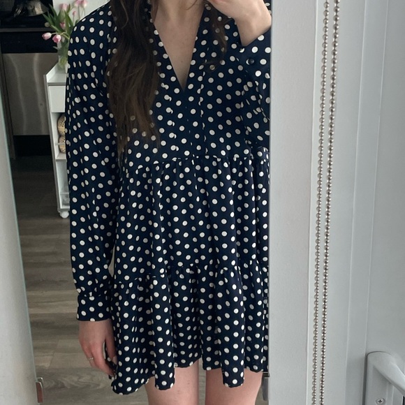 Urban Outfitters - Polka Dot Long Sleeve Mini Dress, Blue - Picture 1 of 3